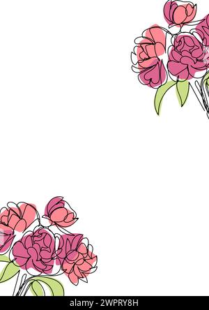 Postcard frame, with copyspace, with linart flowers tulips, peonies,roses. Vector illustration on white background monoline Stock Vector