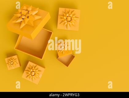 Gift boxes with ribbon and bow flying and falling on monochrome background. 3d render concept of greeting design Birthday, Merry Christmas, Black frid Stock Photo