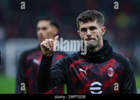 Milan, Italy. 07th Mar, 2024. Christian Pulisic of AC Milan gestures during UEFA Europa League 2023/24 Round of 16 - 1st leg football match between AC Milan and SK Slavia Praha at San Siro Stadium, Milan, Italy on March 07, 2024 Credit: Independent Photo Agency/Alamy Live News Stock Photo