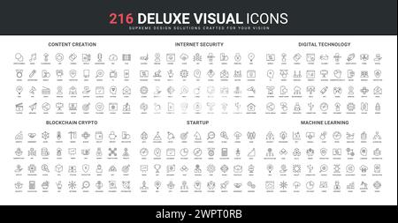 Blockchain technology and startup challenge line icons set. Data protection from hackers, machine learning and mining, video content search and creation thin black outline symbols vector illustration Stock Vector