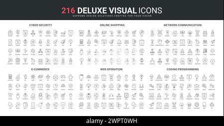 Ecommerce and delivery line icons set. Rating and like in social media, online store in favorites, update and cloud upload, testing and code optimization thin black outline symbols vector illustration Stock Vector