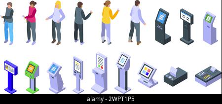 Electronic queue equipment icons set isometric vector. Visitor ticket. Machine digital screen Stock Vector