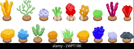 Sponge seaweed plant icons set isometric vector. Underwater weed. Deep reef flora Stock Vector