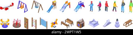 Winter playground icons set isometric vector. Children garden snow fun. Sled urban city Stock Vector