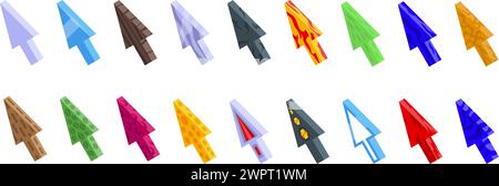 Game ui arrow icons set isometric vector. Mouse cursor play. Pointer button Stock Vector