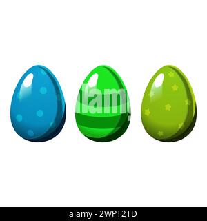 Green and blue Easter striped egg and egg with polka dots isolated on white background. Illustration in flat style. Vector clipart for design of card, Stock Vector