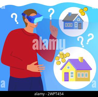 Man in VR glasses. Property virtual reality simulation. Buying a new home. Save your money. Real estate virtual tours creating services concept.Vector Stock Vector