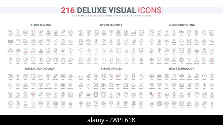 Cloud computing red black thin line data transfer trendy icons set ...