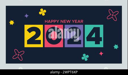 Happy New Year 2024 with colorful Minimalistic trendy design. New Year 2024 square template. greeting background designs, New Year promotional content Stock Vector