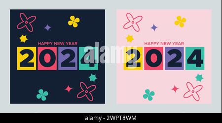 Happy New Year 2024 with colorful Minimalistic trendy design. New Year 2024 square template. greeting background designs, New Year promotional content Stock Vector