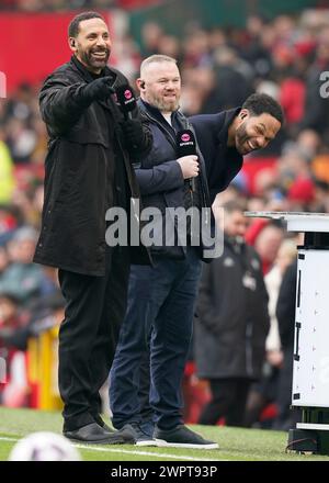 Manchester, UK. 9th Mar, 2024. Former players Rio Ferdinand, Wayne Rooney and Joleen Lescot now TV Pundits enjoy a joke while broadcasting during the Premier Leagues Manchester United v Everton match at Old Trafford, Manchester. Picture: Andrew Yates/Sportimage Credit: Sportimage Ltd/Alamy Live News Stock Photo