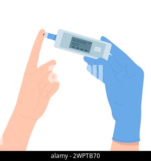 Glucose level, diabetic sugar test control. Hand in blue protective glove holding glucometer to check hypoglycemia or hyperglycemia in blood of patient by finger stick cartoon vector illustration Stock Vector
