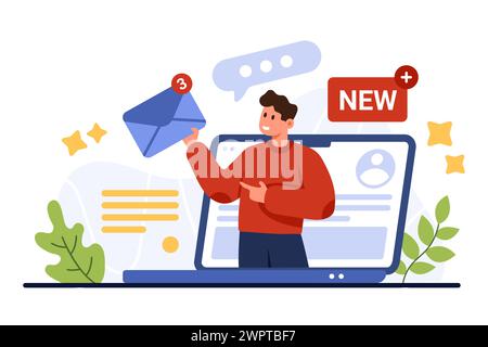 New email and SMS notification in mailbox mobile app. Tiny on laptop screen giving envelopes with letters, documents and unread message icons, notice about mail delivery cartoon vector illustration Stock Vector
