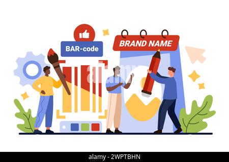 Rebranding, company identity development and creation. Tiny people with pencil and paint brush change creative advertising design and brand name to rebrand business cartoon vector illustration Stock Vector