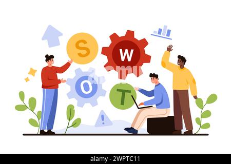SWOT analysis for business strategy planning by marketing team. Tiny people work on vision of strength and weakness, threat and opportunity for enterprise or project cartoon vector illustration Stock Vector