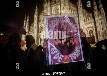 Milan, Italy. 08th Mar, 2024. A lady seen holding a placard in Duomo Square. “Non-Una di Meno” (Not One Less) organized a protest in the center of Milan to protest against discrimination and the increasing murder of women. (Photo by Valeria Ferraro/SOPA Images/Sipa USA) Credit: Sipa USA/Alamy Live News Stock Photo