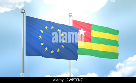 3D Flag of European Union and Togo on Blue Sky with Sun Shine Stock Photo