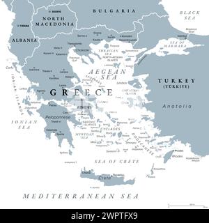 Greece, the Hellenic Republic, gray political map. Country in Southeast Europe on southern tip of the Balkan peninsula, with capital Athens. Stock Photo