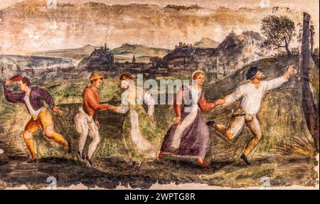Rural dance, Termpera mural painting, c. 1540, Museo Civico d'Arte, Palzuo Ricchieri, historic centre with magnificent aristocratic palaces and Stock Photo