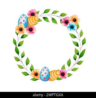 Easter wreath with easter eggs, leaves and flowers. Watercolor hand drawn illustration isolated on white background Stock Photo