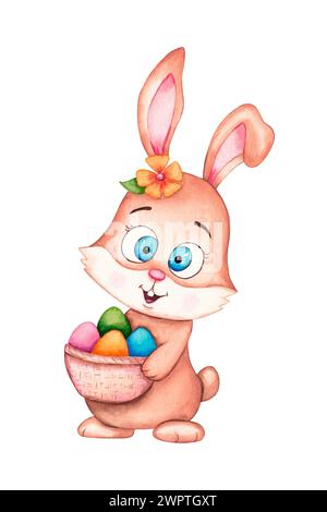 Watercolor Easter Bunny with a basket of colored Easter eggs. Hand drawn illustration isolated on white background Stock Photo