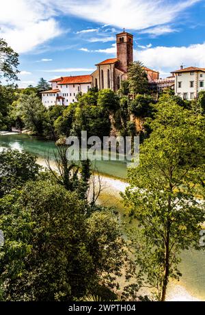 View from the 15th century Ponte del Diavolo leading over the Natisone river into the historic centre, Devil's Bridge, Cividale del Friuli, city with Stock Photo