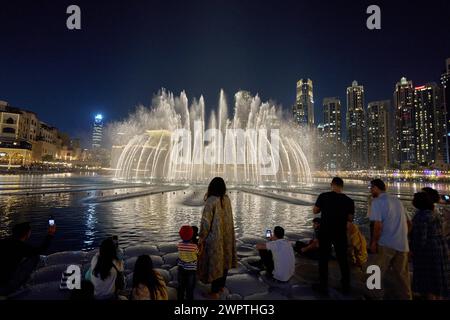 The Dubai Fountain water features on Lake Burj Khalifa. Dubai, United Arab Emirates Stock Photo