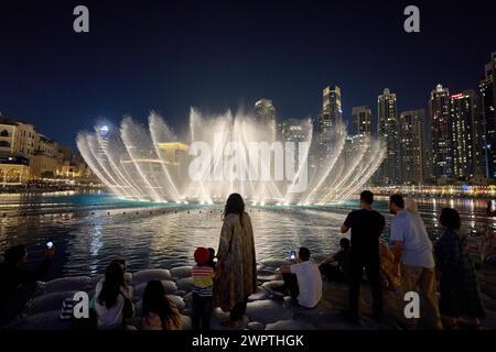 The Dubai Fountain water features on Lake Burj Khalifa. Dubai, United Arab Emirates Stock Photo