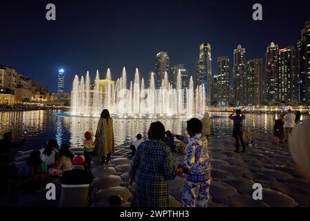 The Dubai Fountain water features on Lake Burj Khalifa. Dubai, United Arab Emirates Stock Photo