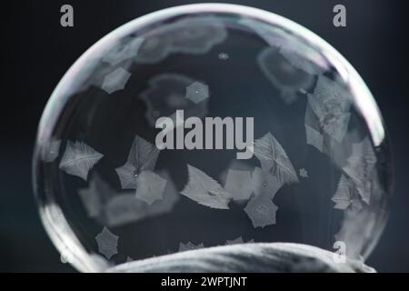 Winter collage. A transparent soap bubble freezing in the cold on a dark background. Tom 23. Stock Photo