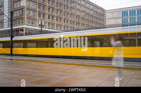 Long exposure, tram on Alexanderplatz, Berlin, Germany Stock Photo