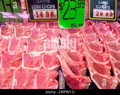 A market stall display of lamb cutlets and chops for sale Stock Photo