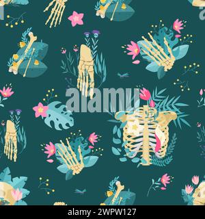 Floral seamless pattern skull, beautiful roses and pelvic bones, hand and foot with wild pink flowers, romantic poetry of death collection cartoon vector illustration. Human skeleton bones in flowers Stock Vector