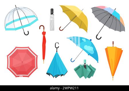 Closed and open umbrellas set. Cute waterproof parasols with handle to protect from autumn and spring rain and storm, colorful modern umbrellas collection for rainy weather cartoon vector illustration Stock Vector