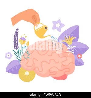 Self development and personal growth, mental health therapy in psychology. Hand watering human brain to grow garden flowers and plants, wellbeing and positive mindset cartoon vector illustration Stock Vector