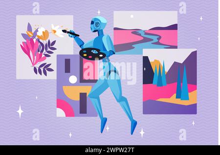 Art content generator, creativity of artificial intelligence. Robot artist with brush and palette flying to draw creative picture in virtual digital gallery of artworks cartoon vector illustration Stock Vector