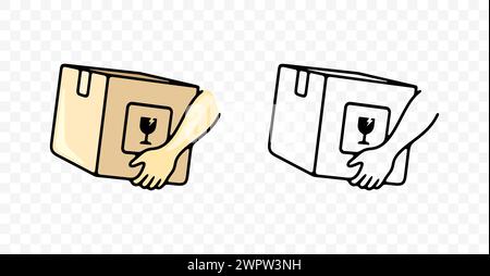 Hands holding cardboard box with fragile goods sign or symbol, graphic design. Delivering parcels, delivery service, courier and package Stock Vector