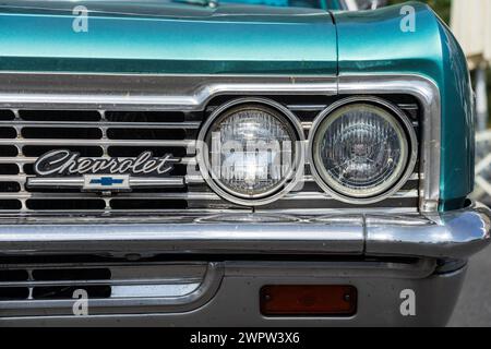 LINTHE, GERMANY - MAY 27, 2023: The detail of full-size car Chevrolet Bel Air, close-up. Die Oldtimer Show 2023. Stock Photo