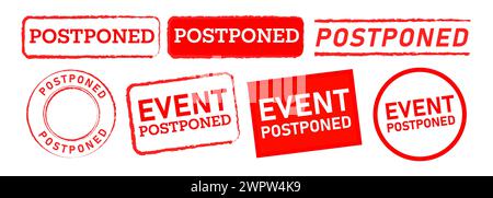 postponed square and circle red stamp label sticker sign event delay canceled rescheduled Stock Vector