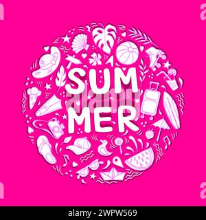 Summer composition made of doodle objects with shadow cutout effect Stock Vector