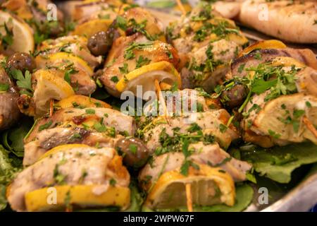 Plate of traditional stuffed squids in Ballaro market at Palermo, Sicily, Italy Stock Photo