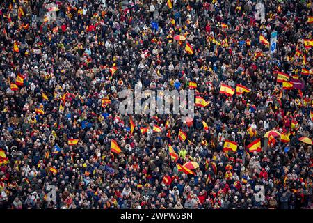 Madrid, Spain. 09th Mar, 2024. Protesters hold Spanish flags during a rally organized by the Freedom and Alternative Forum under the motto 'There are plenty of reasons: Sánchez resigns.' Hundreds of people with Spanish flags gathered in the Plaza de Cibeles in the Center of Madrid, to protest against the plans of the Spanish Government led by Pedro Sanches, to give amnesty to those linked to the referemdum in Catalonia in 2017. (Photo by Luis Soto/SOPA Images/Sipa USA) Credit: Sipa USA/Alamy Live News Stock Photo