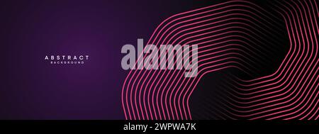 Abstract Dark Purple and Pink Waving circles lines Technology Banner Background. gradient website, header glowing lines shiny geometric diagonal shape Stock Vector