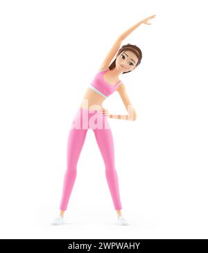 3d sporty woman doing side bend stretch, illustration isolated on white background Stock Photo