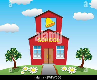 vector illustration of country school house and apple trees Stock Vector