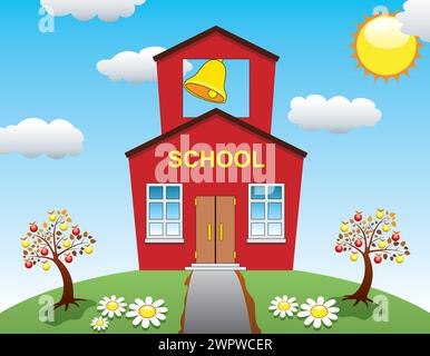 vector illustration of country school house and apple trees Stock Vector