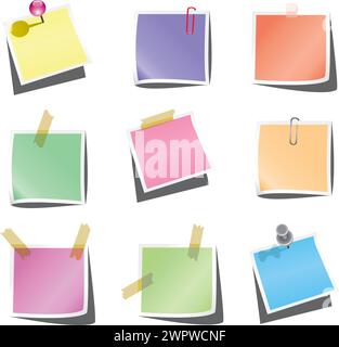 vector design of empty paper notes with push pin and paperclip Stock Vector