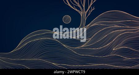 Vector wave line landscape with sun, moon and tree. Abstract hill nature background, japanese style. Minimalist texture pattern. Stock Vector