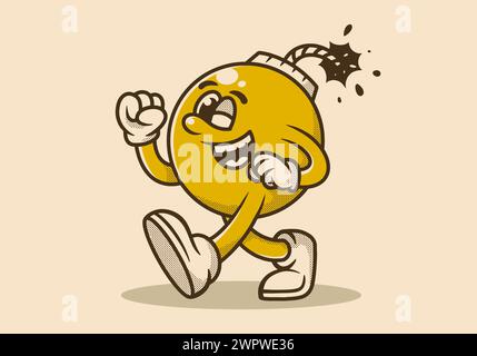 Vintage illustration design of walking bomb mascot character with happy face Stock Vector