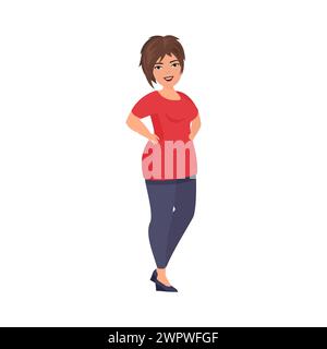 Big overweight happy woman with short hair standing in confident pose with hands on hips vector illustration Stock Vector